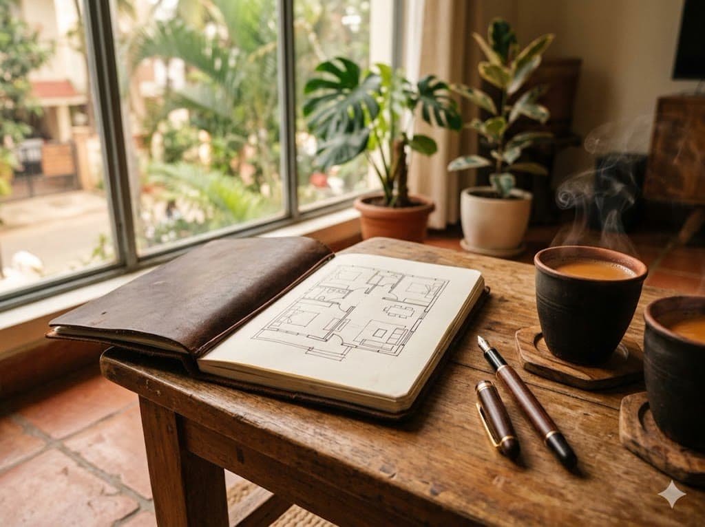 Two designers reviewing a hand-sketched floor plan over tea — the listening stage