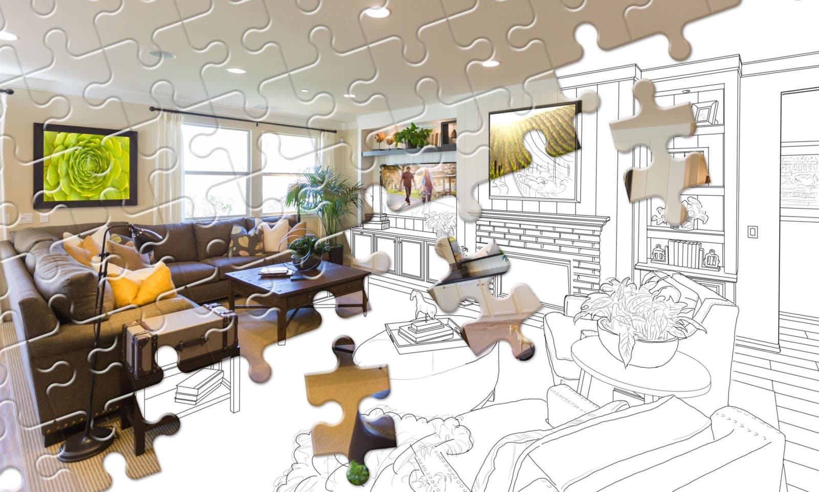 Puzzle pieces fitting together over an interior — the build comes together