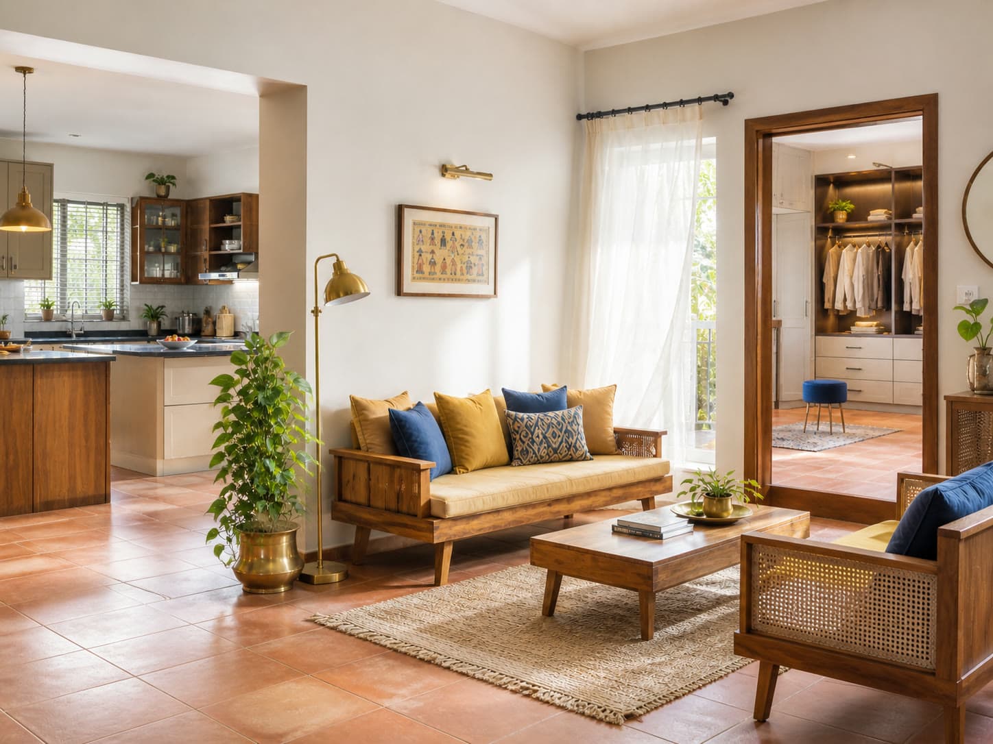 Finished Bengaluru living room with terracotta floor, wooden seating, and walk-in wardrobe — ready for handover